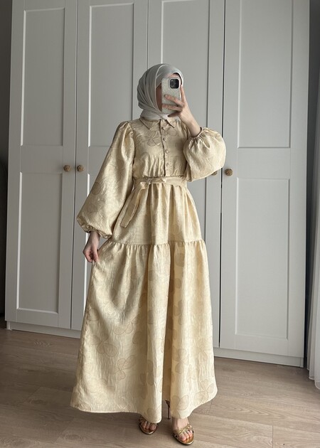 Çiçek Jakar Elbise - Sarı