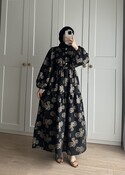 Çiçek Jakar Elbise - Siyah