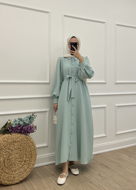 Gofre elbise- Mint yeşili