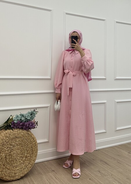 Gofre elbise - Pembe